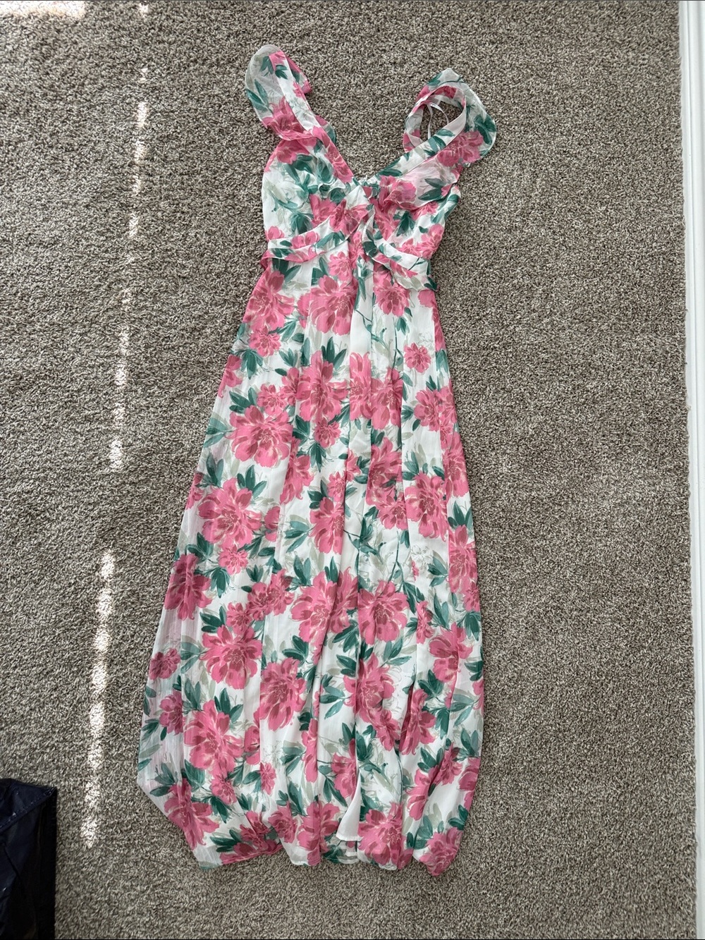 Lulu's White Maxi Dress with Pink Floral & Green Leaves